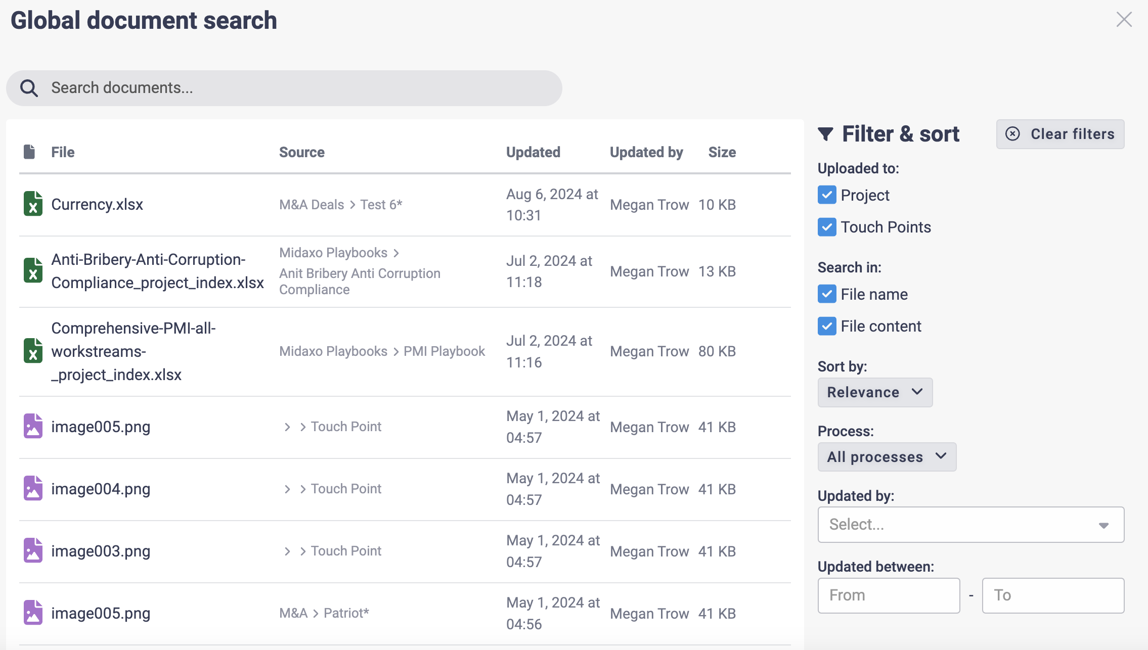 Cross-Process and Project Search for Project Documents